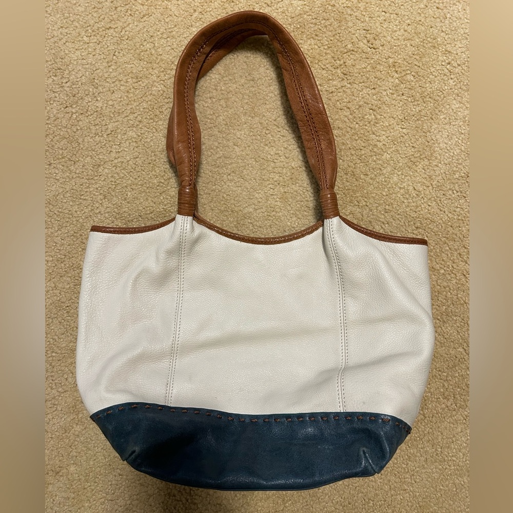 White, Navy & Brown Leather Tote Bag